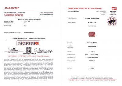 Сертификат Насыщенный розово-оранжевый турмалин в огранке кушон 4,04 карата, Африка