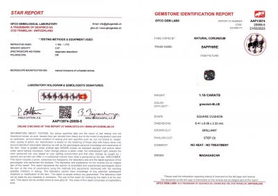 Сертификат Teal сапфир из Мадагаскара в огранке кушон 1,15 карата, без облагораживания