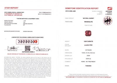 Сертификат Ярко-розовый гранат родолит в огранке октагон 5,60 карата, Танзания