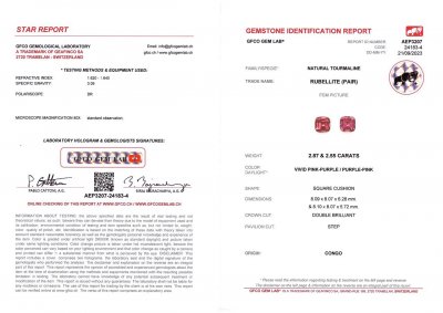Сертификат Пара розовых африканских турмалинов в огранке кушон 5,42 карат