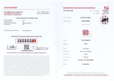 Сертификат Памирская розовая шпинель в огранке октагон 3,70 карата