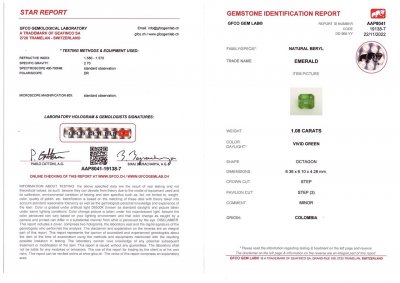 Сертификат Колумбийский изумруд цвета Vivid Green 1,08 карат
