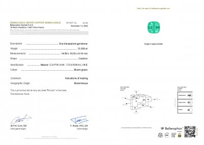 Сертификат Яркая яблочная параиба в огранке кушон 13,31 карат