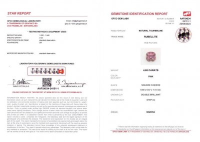 Сертификат Пара насыщенных африканских рубеллитов 9,48 карат в огранке кушон 