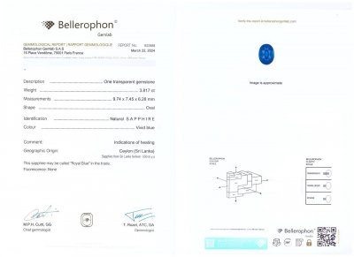 Сертификат Синий сапфир цвета Royal Blue в огранке овал 3,81 карата, Шри-Ланка