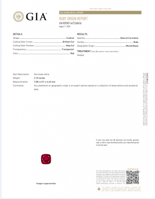 Сертификат Рубин цвета голубиная кровь в огранке кушон 2,10 карат, Мозамбик