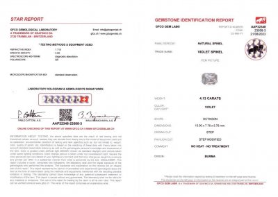 Сертификат Фиолетовая бирманская шпинель в огранке радиант 4,13 карата