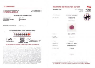 Сертификат Насыщенный розовый рубеллит 6,03 карата, Нигерия
