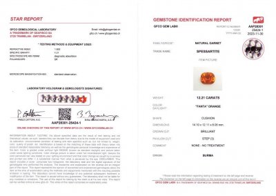 Сертификат Яркий оранжевый спессартин в огранке кушон 12,21 карата, Бирма