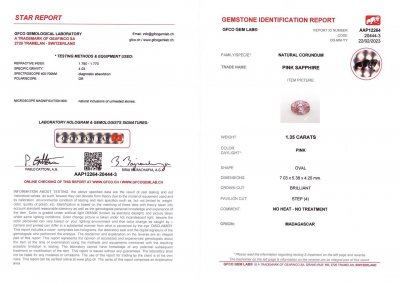 Сертификат Кольцо с природным розовым сапфиром 1,35 карат и бриллиантами в белом золоте 750 пробы