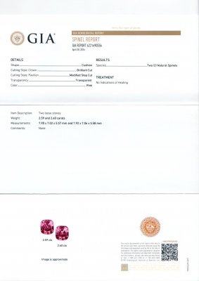 Сертификат Пара розовых шпинелей 5,19 карат из Таджикистана, GIA