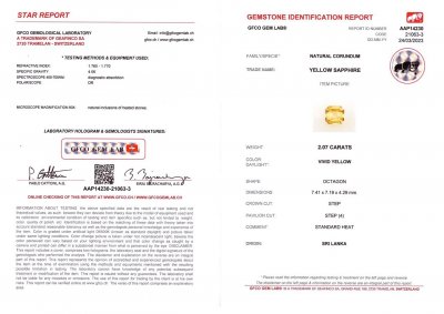 Сертификат Золотой сапфир в огранке октагон 2,07 карата, Шри-Ланка