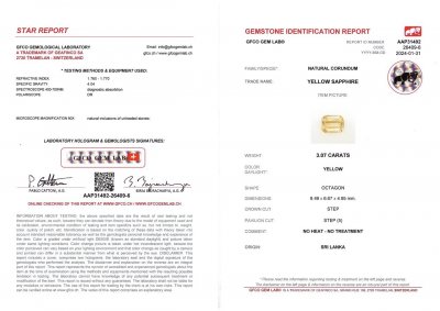 Сертификат Негретый желтый сапфир в огранке октагон 3,07 карат, Шри-Ланка