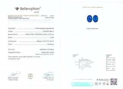Сертификат Пара Royal Blue сапфиров 4,62 карат из Шри-Ланки в огранке овал