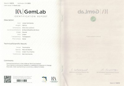 Сертификат Мятный турмалин  2,60 карата, Афганистан, ICA