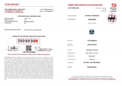 Сертификат Негретый  teal сапфир в огранке кушон 1,40 карат, Мадагаскар