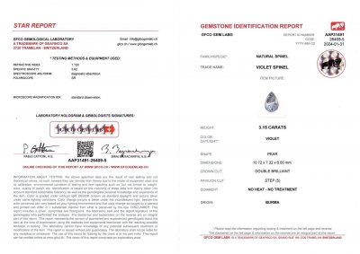 Сертификат Лавандовая шпинель из Бирмы 3,15 карат в огранке груша