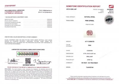 Сертификат Памирская розовая шпинель в огранке кушон 4,71 карат