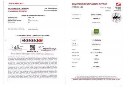 Сертификат Изумруд Vivid Green 1,75 карат, Колумбия