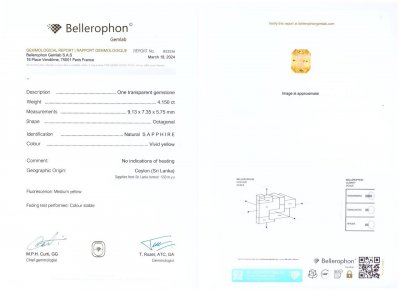 Сертификат Яркий жёлтый сапфир в огранке радиант 4,15 карат, Шри-Ланка