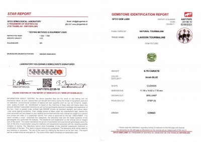 Сертификат Турмалин цвета Lagoon в огранке кушон 6,78 карата, Конго