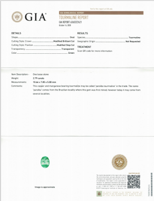 Сертификат Кольцо с неоново-зеленой Параибой 2,79 карат и бриллиантами в белом золоте 750 пробы