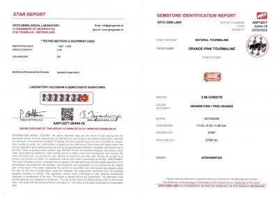 Сертификат Кольцо с оранжево-розовым турмалином 3,56 карат в белом золоте 750 пробы