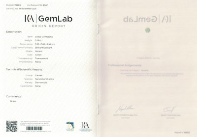 Сертификат Негретый уральский демантоид 0,28 карата