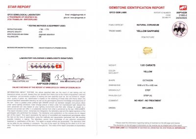 Сертификат Негретый жёлтый сапфир в огранке октагон 1,61 карат, Шри Ланка