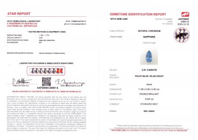 Сертификат Синий сапфир цвета Cornflower blue из Шри-Ланки в огранке груша 3,51 карат