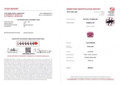 Сертификат Яркий розовый турмалин в огранке кушон 7,34 карата из Нигерии