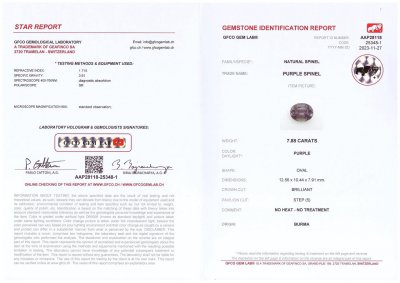 Сертификат Серо-фиолетовая шпинель в огранке овал 7,88 карат, Бирма