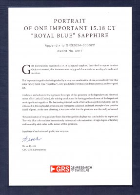 Сертификат Уникальный синий сапфир цвета Peacock Blue в огранке кушон 15,18 карат, Шри-Ланка