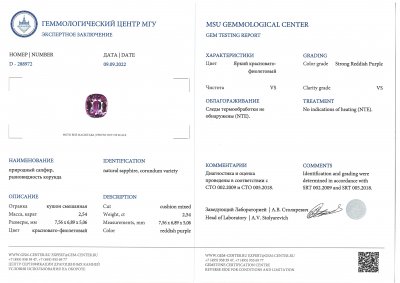Сертификат Негретый фиолетовый сапфир с эффектом смены цвета 2,55 карата, Мадагаскар