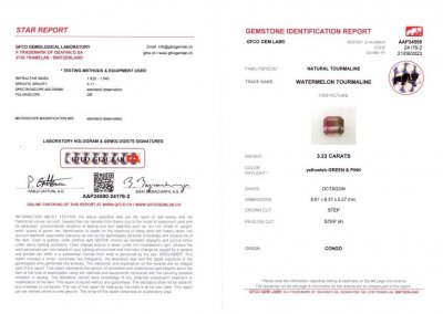 Сертификат Полихромный розово-зеленый турмалин 3,23 карата в огранке октагон, Конго