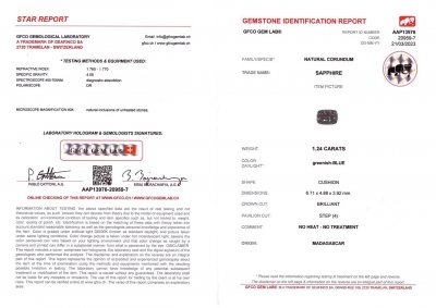 Сертификат Негретый сапфир цвета Teal 1,24 карат, Мадагаскар