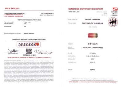 Сертификат Полихромный розово-серый турмалин 9,45 карат в огранке октагон, Конго
