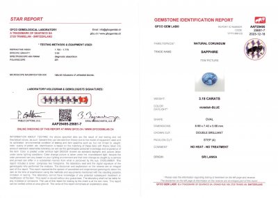 Сертификат Негретый васильковый сапфир в огранке овал 3,15 карат, Шри-Ланка