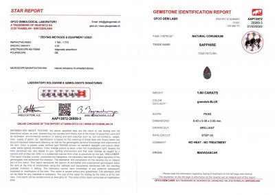 Сертификат Сапфир в огранке груша 1,00 карат, Мадагаскар