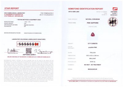 Сертификат Негретый розовый сапфир в огранке триллион 0,71 карата, Мадагаскар