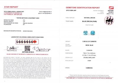 Сертификат Пара голубых цирконов 6,67 карат в огранке кушон, Камбоджа