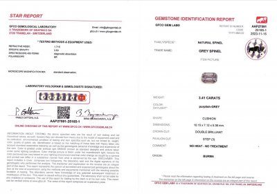 Сертификат Лавандовая шпинель в огранке кушон 3,41 карата, Бирма
