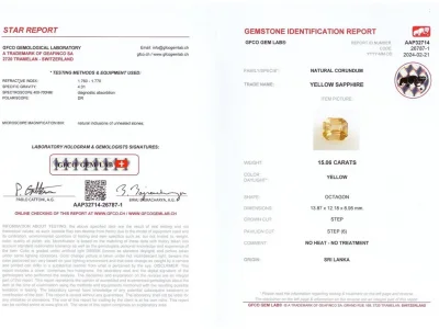 Сертификат Крупный негретый золотисто-желтый сапфир в огранке октагон 15,06 карат, Шри-Ланка