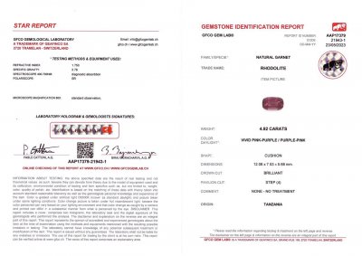 Сертификат Пурпурный гранат умбалит в огранке кушон 4,92 карат, Танзания