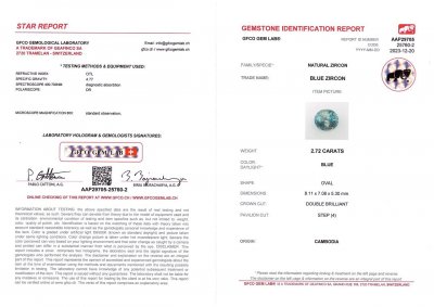 Сертификат Голубой циркон в огранке овал 2,72 карат, Камбоджа