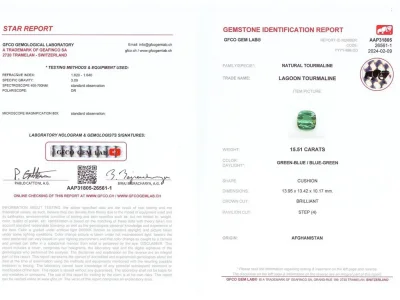 Сертификат Индиголит в огранке кушон 15,51 карат, Афганистан
