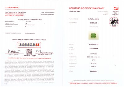 Сертификат Изумруд цвета Vivid Green 1,12 карат, Колумбия