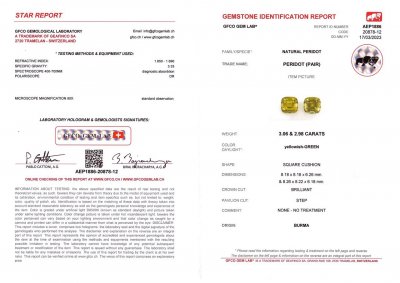 Сертификат Пара ярких перидотов из Бирмы 6,04 карат