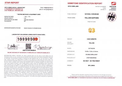 Сертификат Желтый необлагороженный сапфир в огранке радиант 3,54 карата, Шри-Ланка