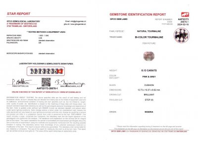 Сертификат Полихромный розово-зеленый турмалин 8,13 карат в огранке кушон из Нигерии